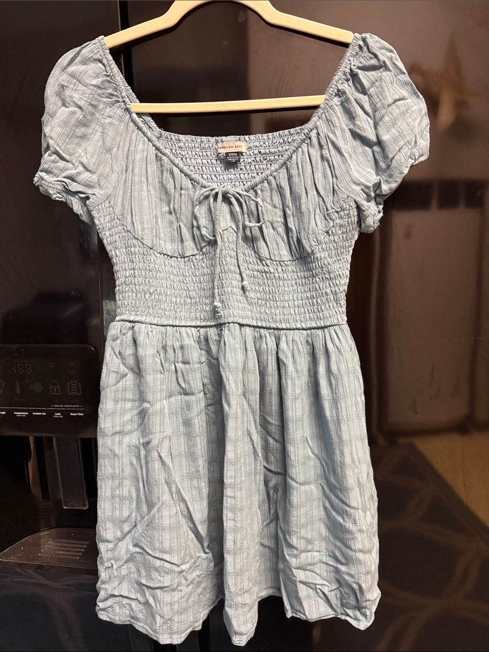 American Eagle Women’s Slate Blue Smocked Waist Mini Dress with Puff Sleeves
